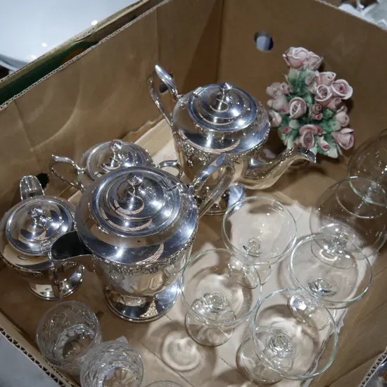 Plated teaset, glassware