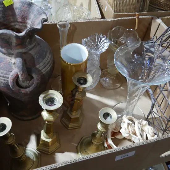 Brass candle stick holders, glassware etc