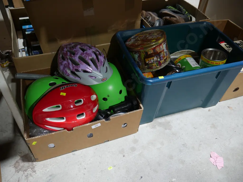 Bike helmets, bin of Kitchenware etc Image 1++
