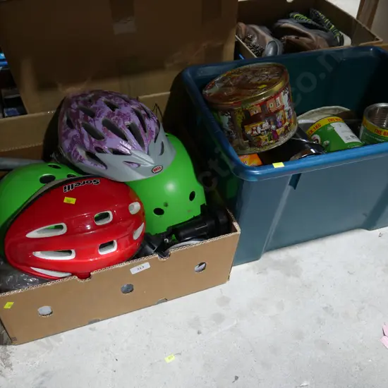 Bike helmets, bin of Kitchenware etc