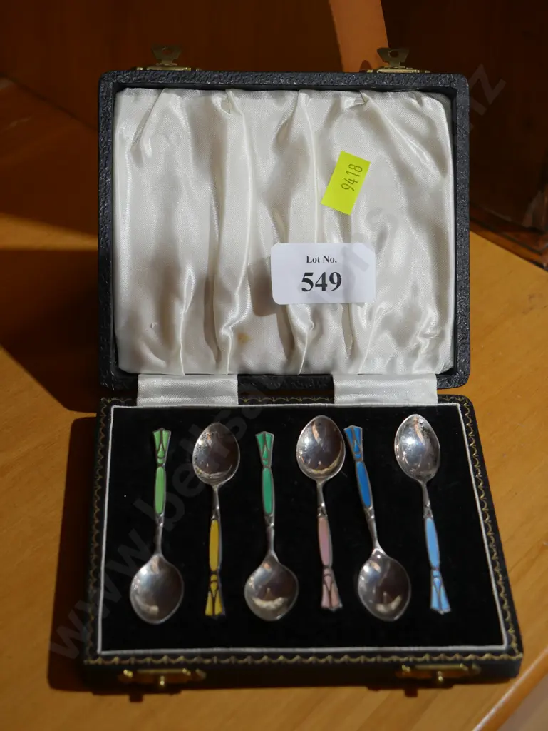 Cased set of 6 stirling and enamel tea spoons Image 1++