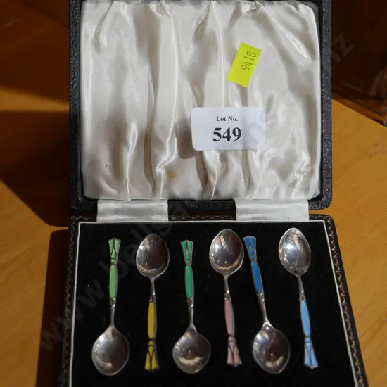 Cased set of 6 stirling and enamel tea spoons