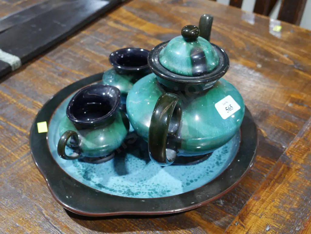 Blue mountain pottery teapot, sugar and creamer, and tray Image 1++
