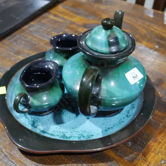 Blue mountain pottery teapot, sugar and creamer, and tray