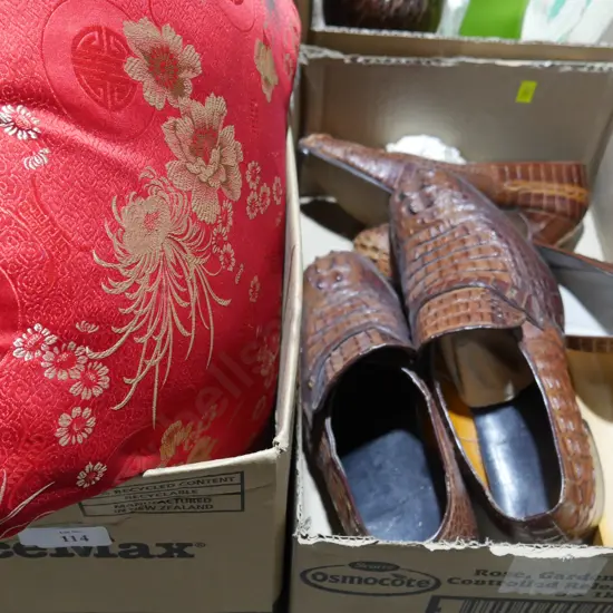 2 pairs of crocodile shoes, 2 red cushions