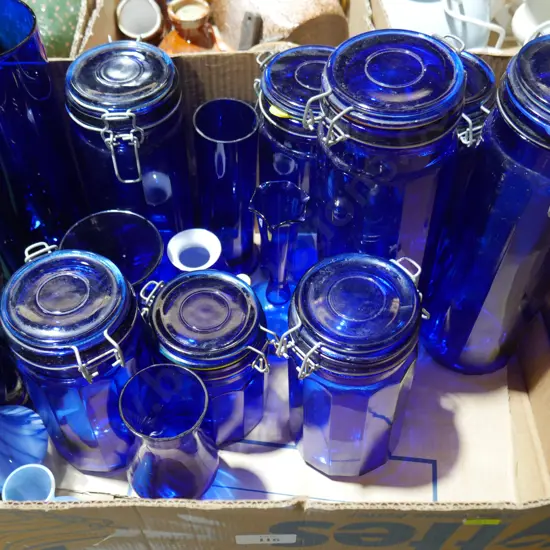 Blue glass vases, storage jars