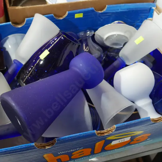 Blue glass vases, etc