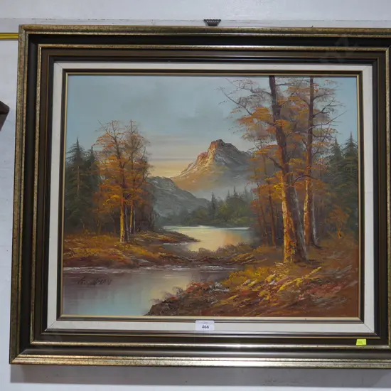 Framed mountain and lake oil