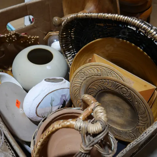 Pottery, cane baskets etc