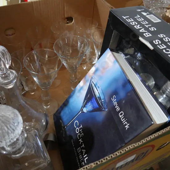 Decanters, bar set, etc