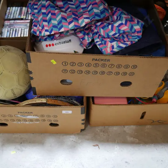 3 boxes of allsorts, toys, sports equipment etc