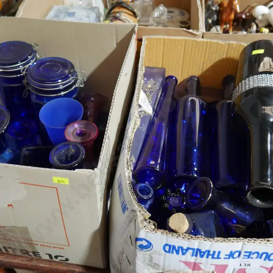 2 boxes blue glass bottles, storage jars etc