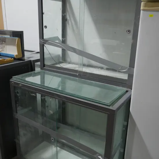3 metal and glass display cabinets