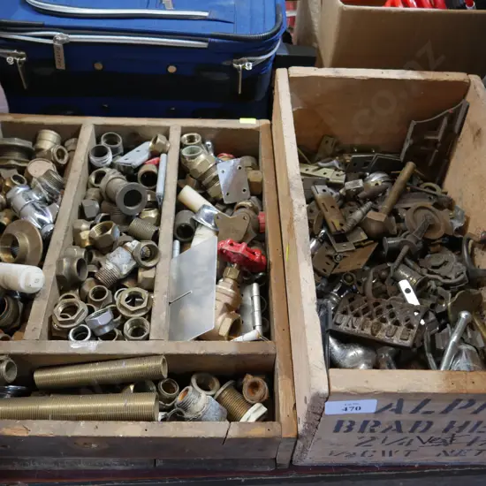2 boxes various plumbing fittings, hinges etc