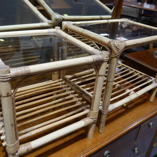 2 cane glass top side tables