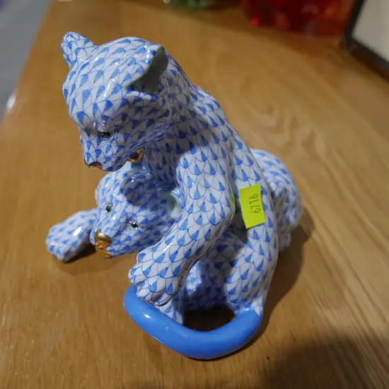 Herend blue, white cat ornament