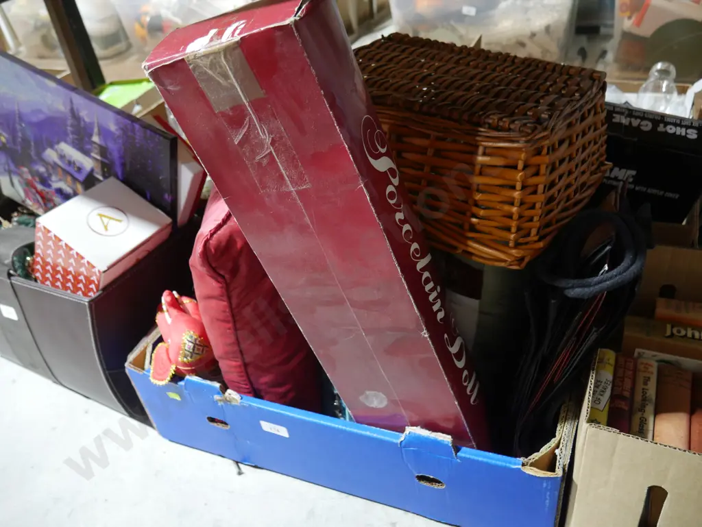 2 boxes cushions, basket, Christmas decorations etc Image 1++