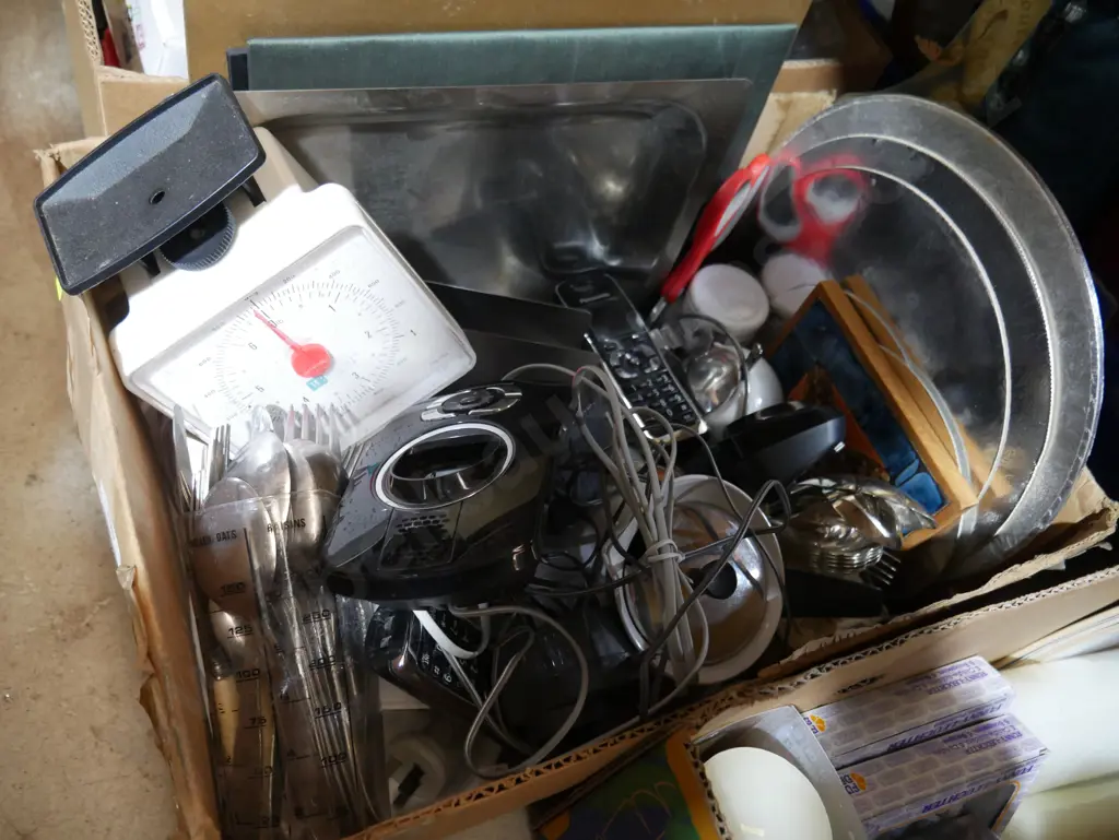 Two boxes of candles and kitchenware etc Image 1++