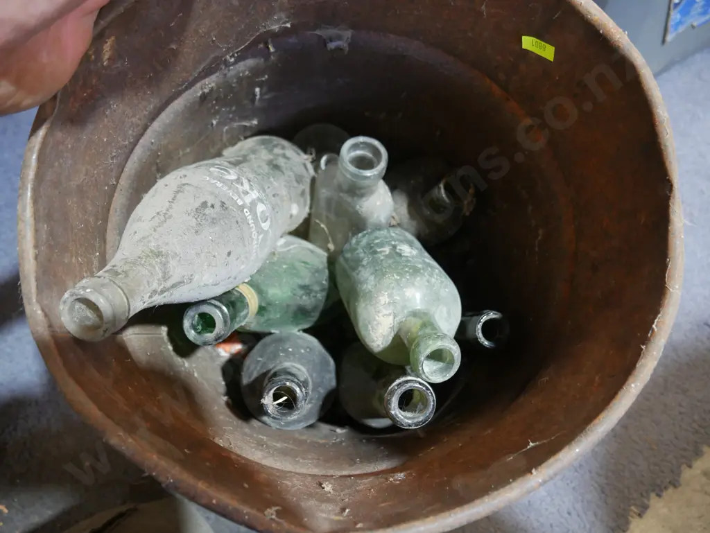 Tin bucket, old glass bottles Image 1++