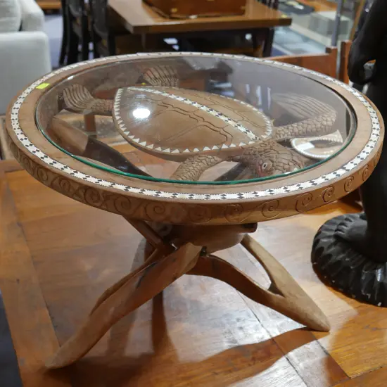 Carved glass top wine table