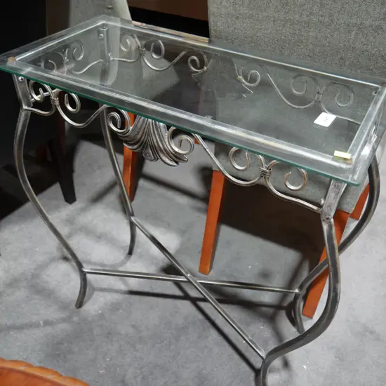 Metal base glass top hall table