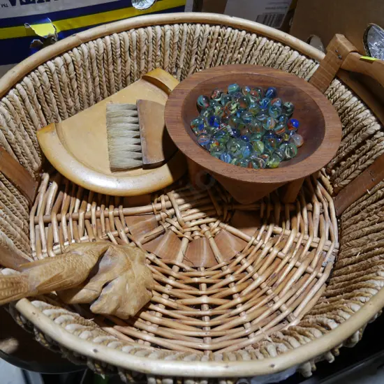 Cane basket, marbles etc