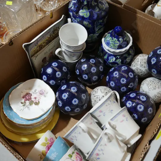 Blue and white orbs, china etc