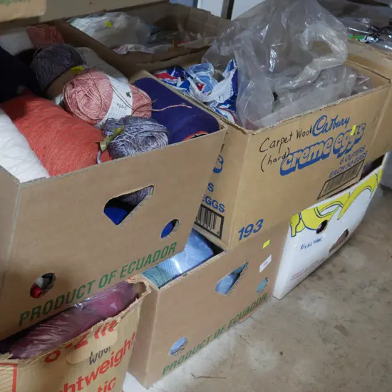 7 boxes linen, wool threads etc