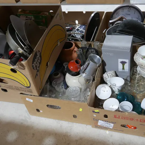 4 boxes china, glassware, pans etc