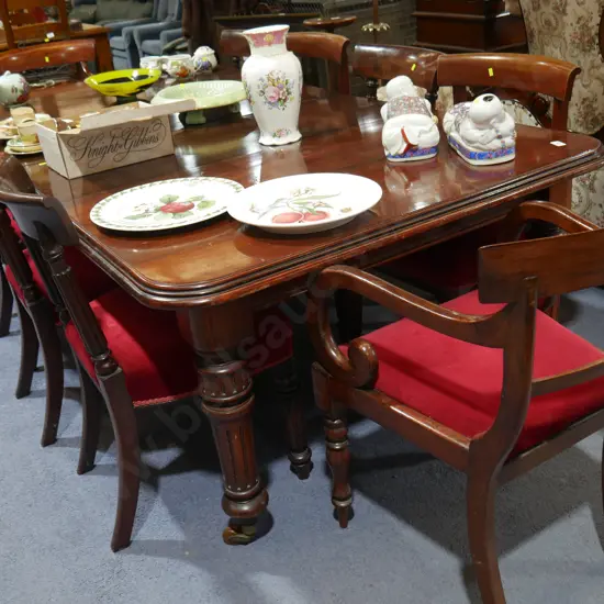 Victorian wind out dining table & 10 chairs, 2 leaves, handle in office