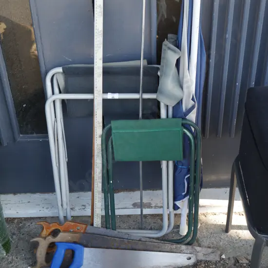 Saws, folding chairs etc
