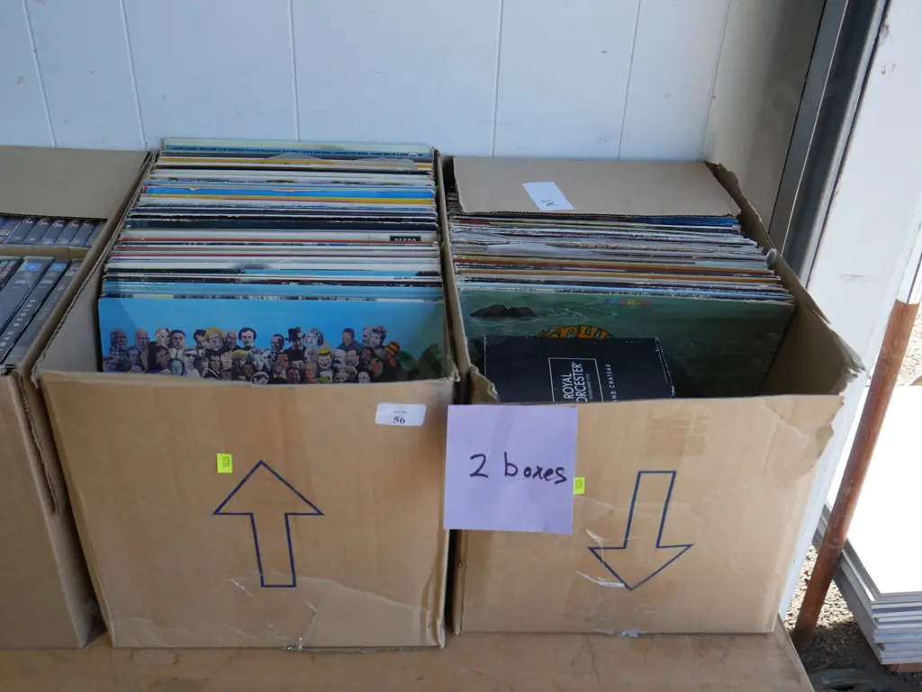 2 boxes records, boxed glassware Image 1++