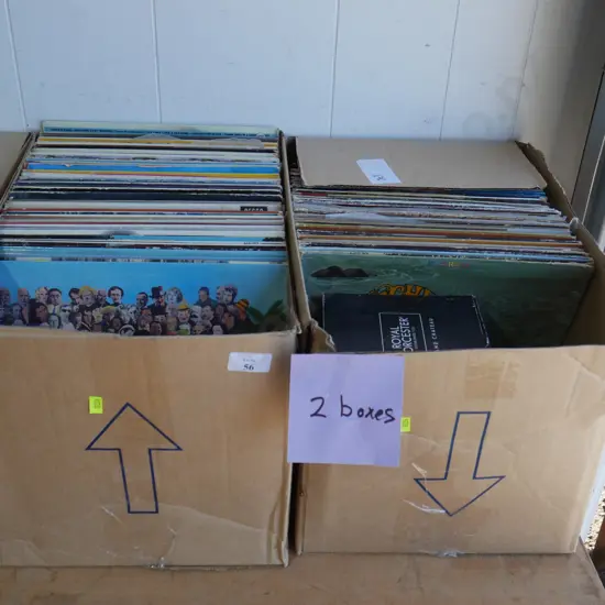 2 boxes records, boxed glassware
