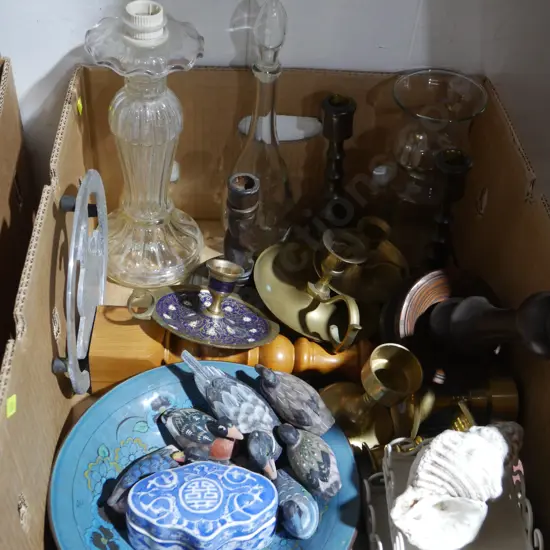 Candle stick holders, wooden duck ornaments etc