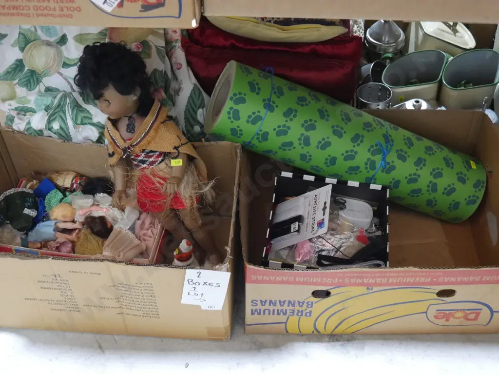 Two boxes of dolls, sewing items etc Image 1++