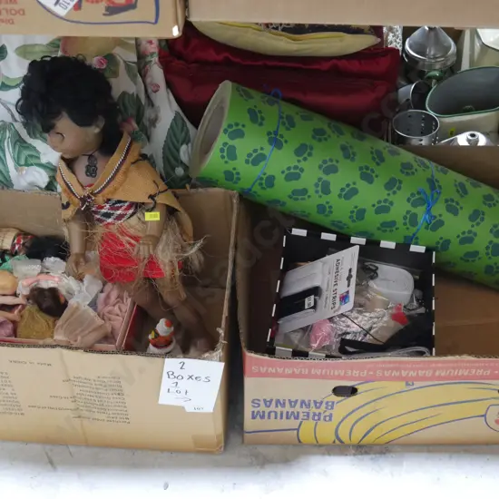 Two boxes of dolls, sewing items etc