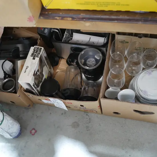Three boxes of assorted kitchenware