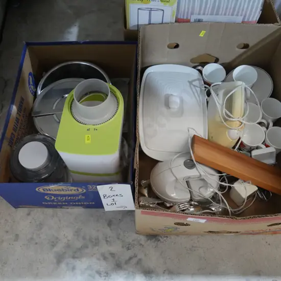 Two boxes of kitchenware