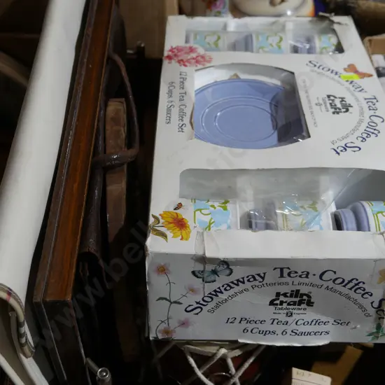 Boxed coffee set, bongo drum etc