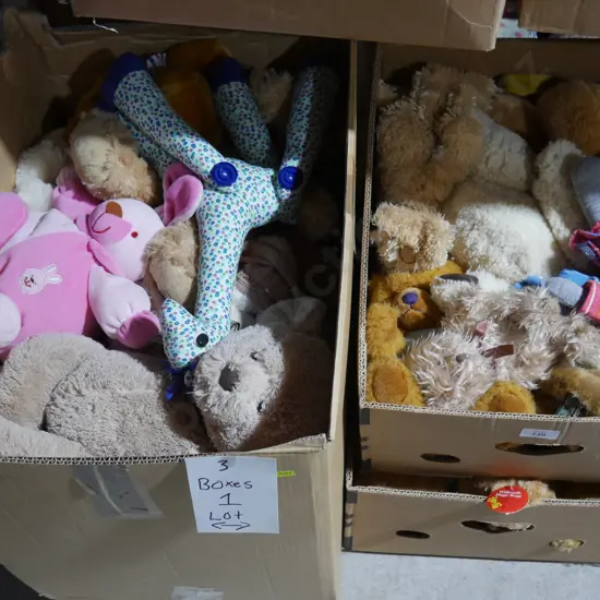 Three boxes of assorted teddy bears