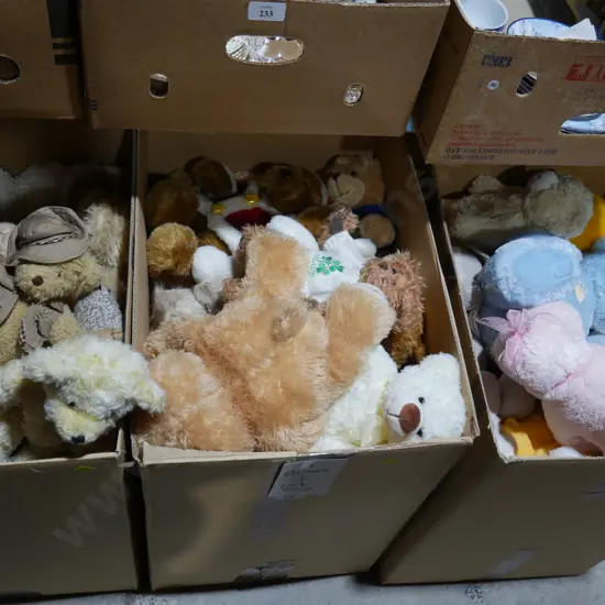 Three boxes of assorted teddy bears