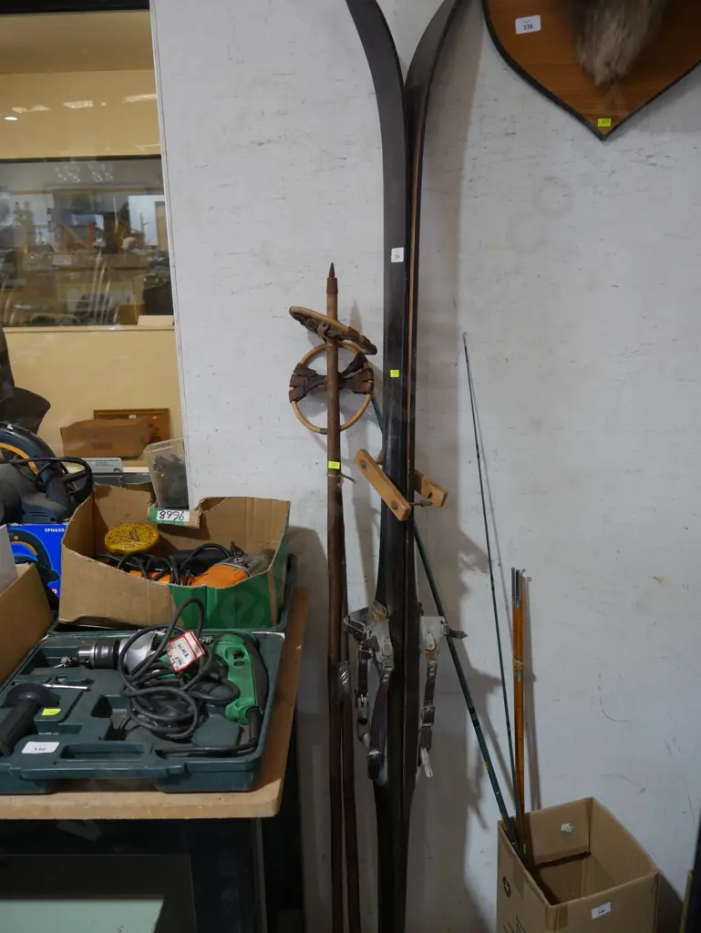 Vintage wooden skis and poles Image 1++