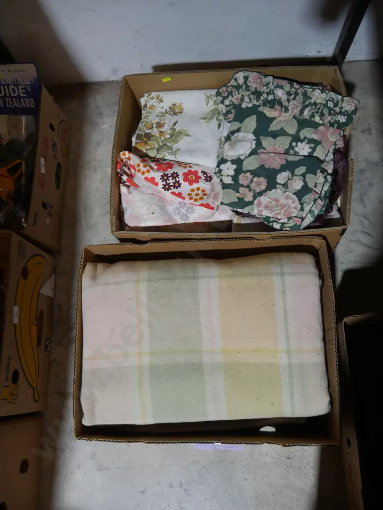 Two boxes of material, blankets etc Image 1++
