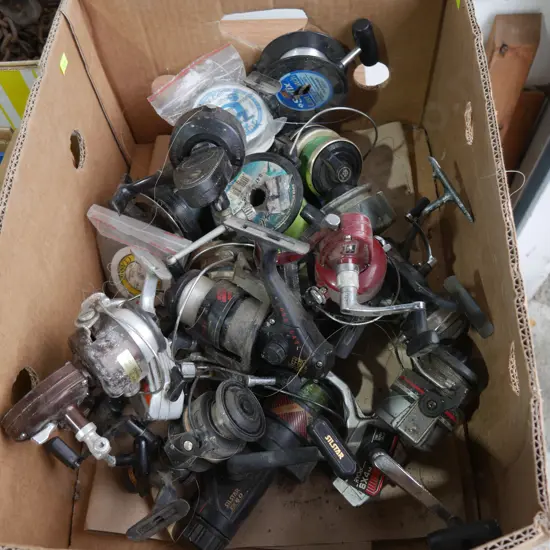 Box of fishing reels and lines