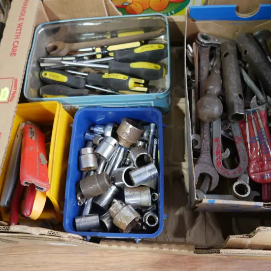 Screwdrivers, sockets, spanners etc