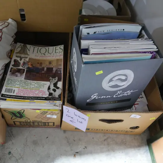 Two boxes of antique magazines etc