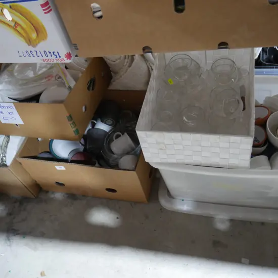 5 boxes dinnerwares, glassware, mugs etc