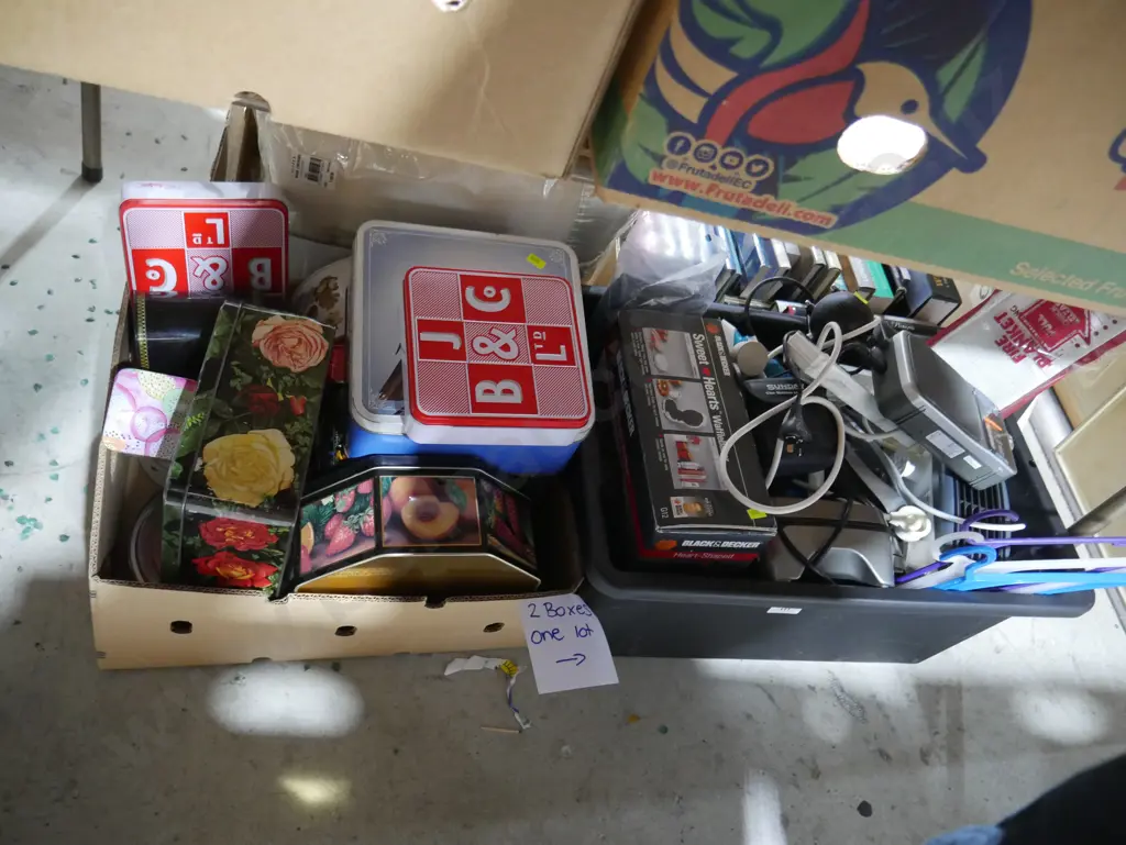 2 boxes of tins, electrical items etc Image 1++