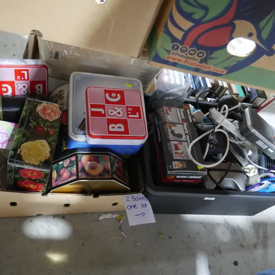 2 boxes of tins, electrical items etc