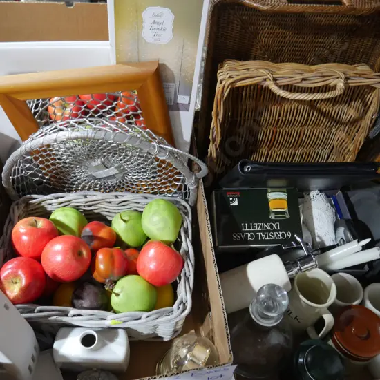 2 boxes plastic fruits, cane trays etc